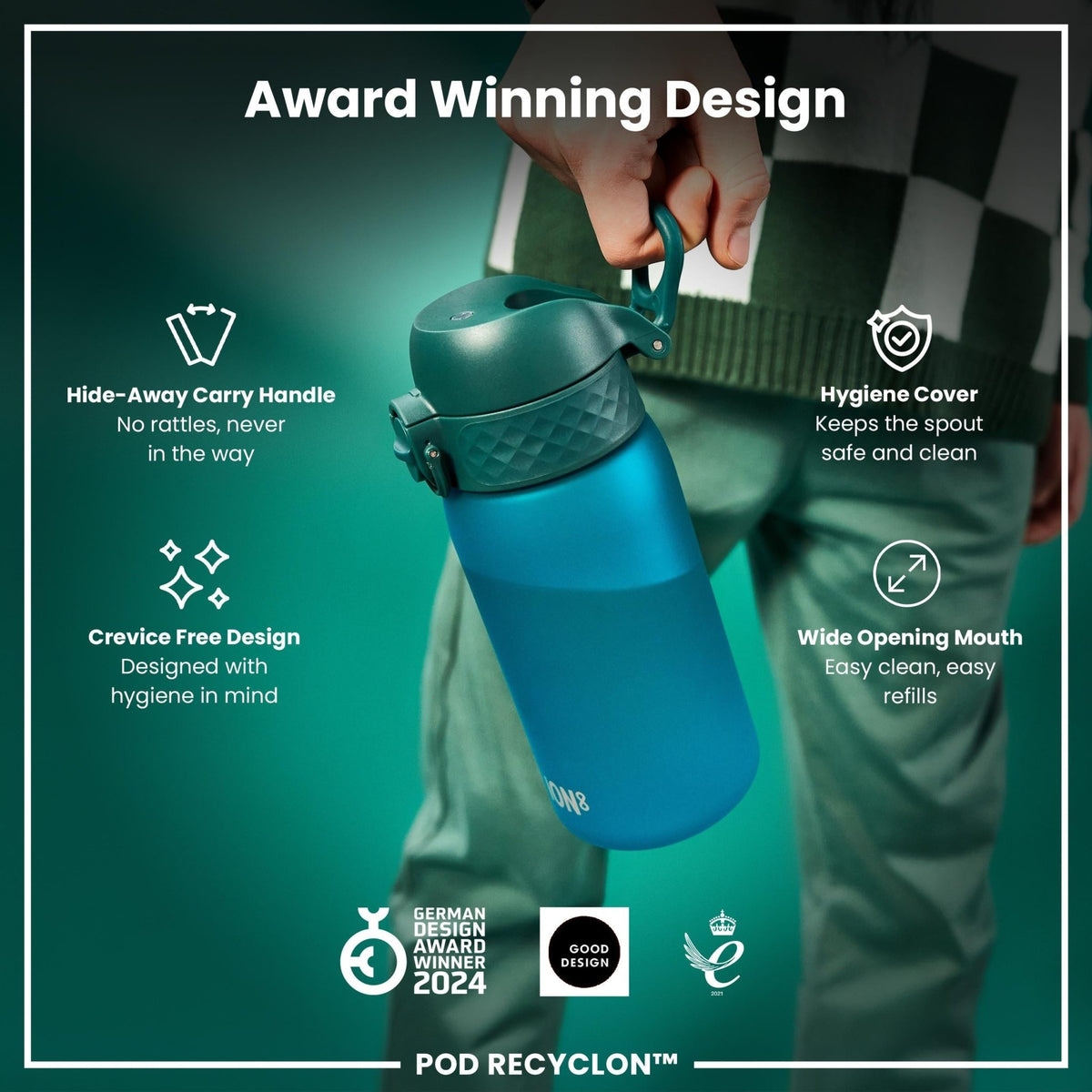 ION8 Recyclon Aqua 350ml leak-proof kids water bottle with durable design and vibrant blue color.