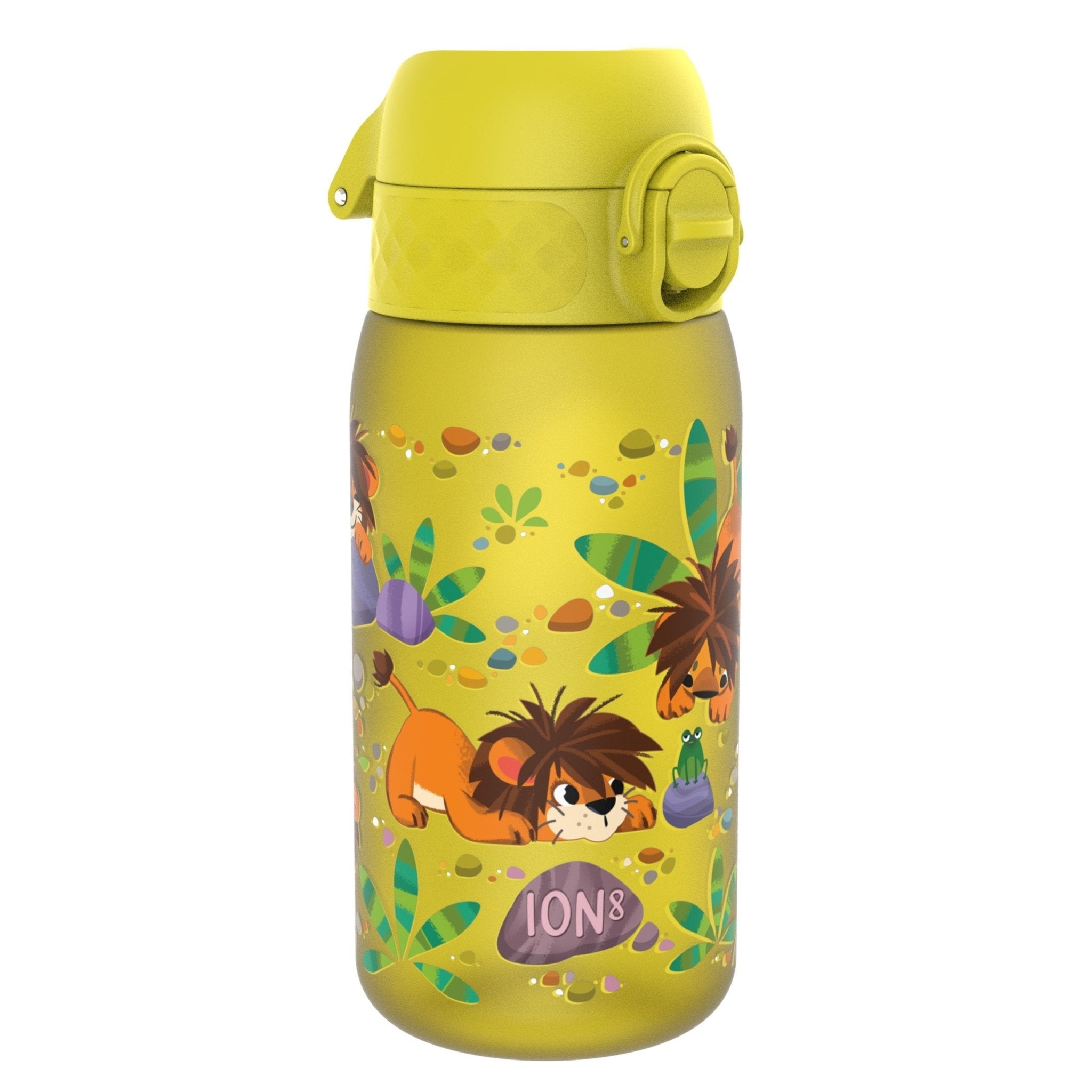 Recyclon leak-proof kids water bottle by ION8 featuring baby lion design, 350ml capacity, reusable and portable for children.