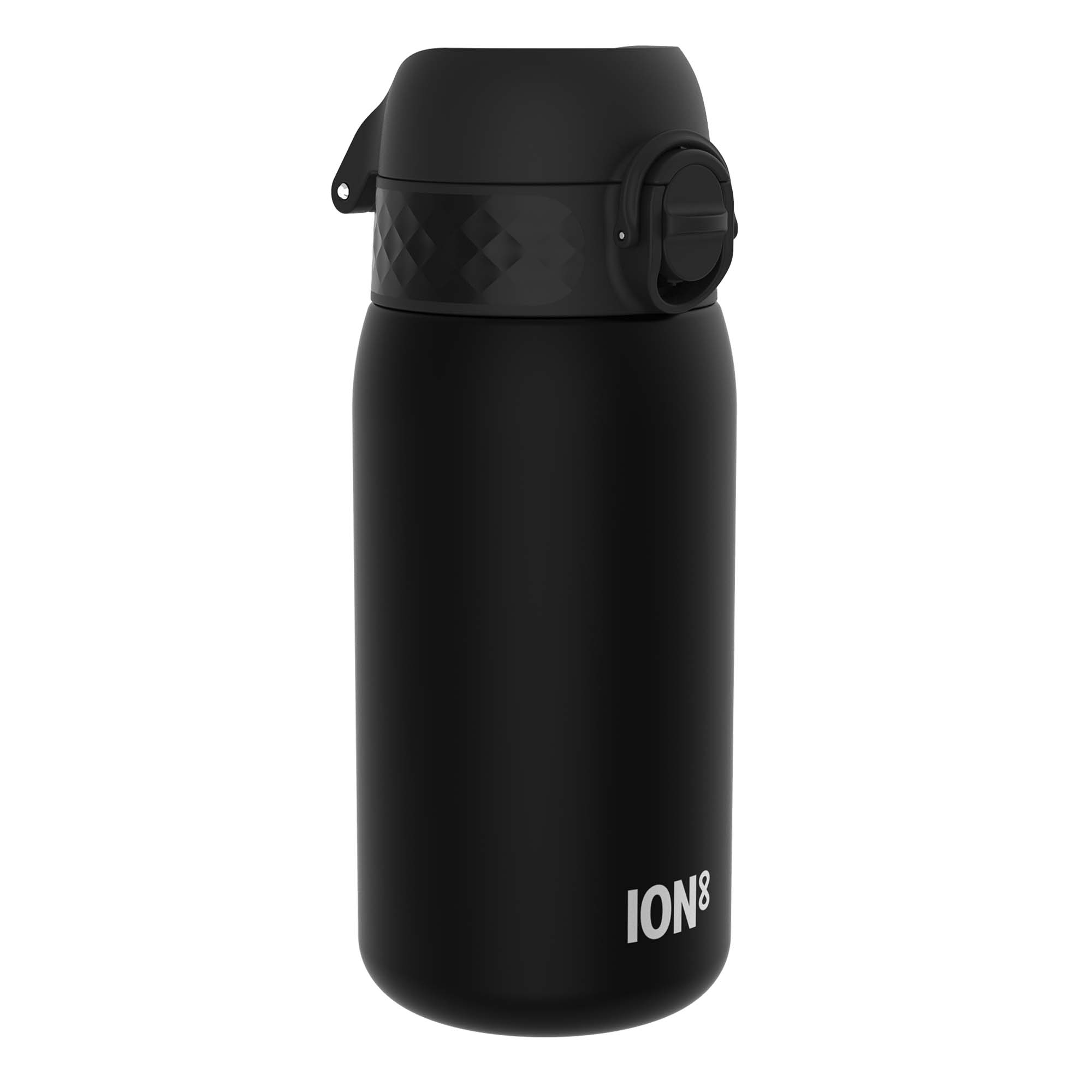 Black 350ml Recyclon water bottle for kids by ION8, leak-proof design, made for easy grip and hydration.