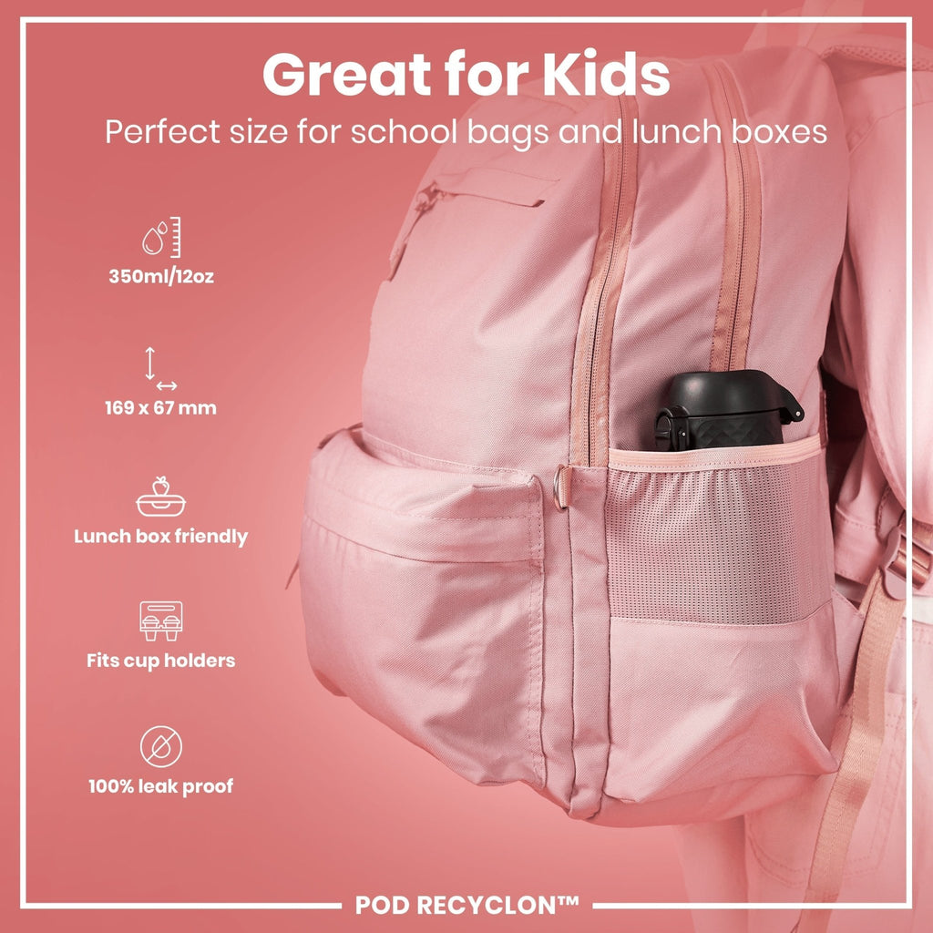 ION8 Recyclon black 350ml leak-proof water bottle designed for kids, featuring durable plastic and a secure lid.