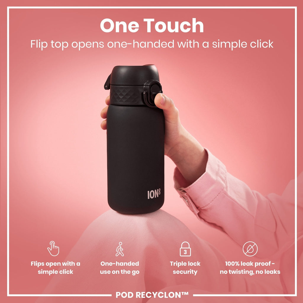 Ion8 Recyclon black 350ml leak-proof kids water bottle with durable design and secure lid.