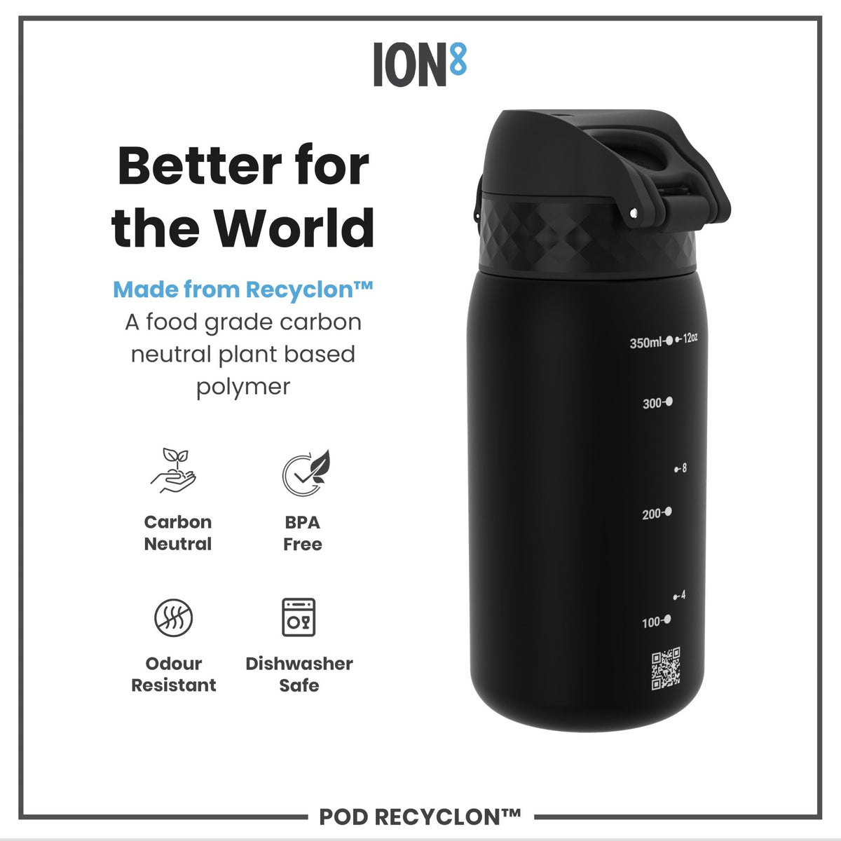 ION8 Recyclon black 350ml leak-proof water bottle, durable kids' Recyclon bottle with secure lid and sleek design.