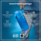 ION8 Recyclon Blue 350ml leak-proof water bottle for kids, made from recycled materials, with a durable design and secure lid.