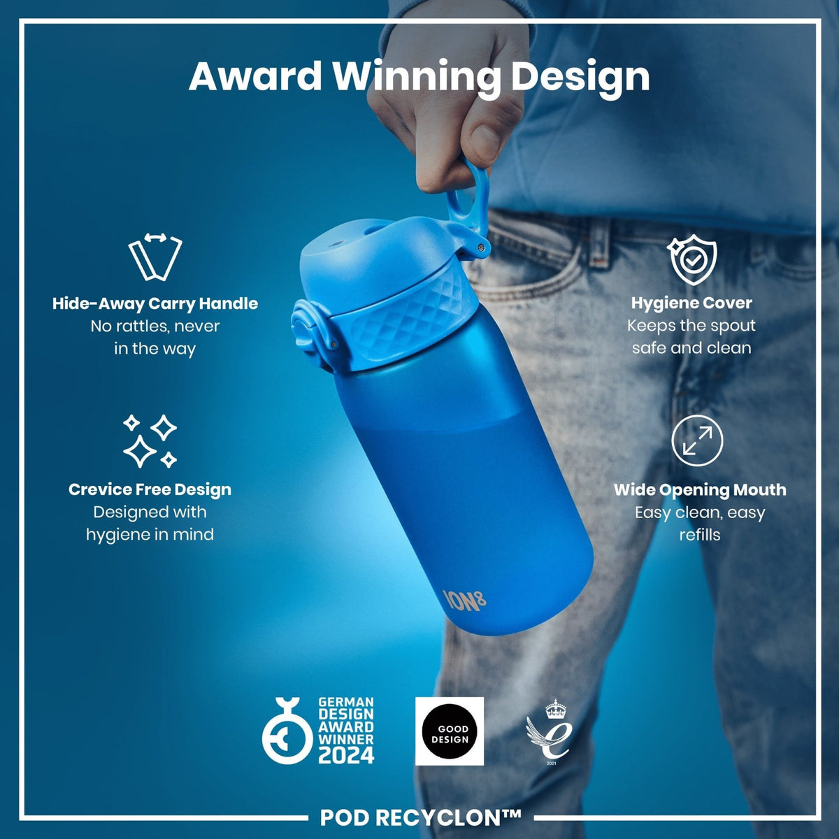 ION8 Recyclon Blue 350ml leak-proof water bottle for kids, made from recycled materials, with a durable design and secure lid.