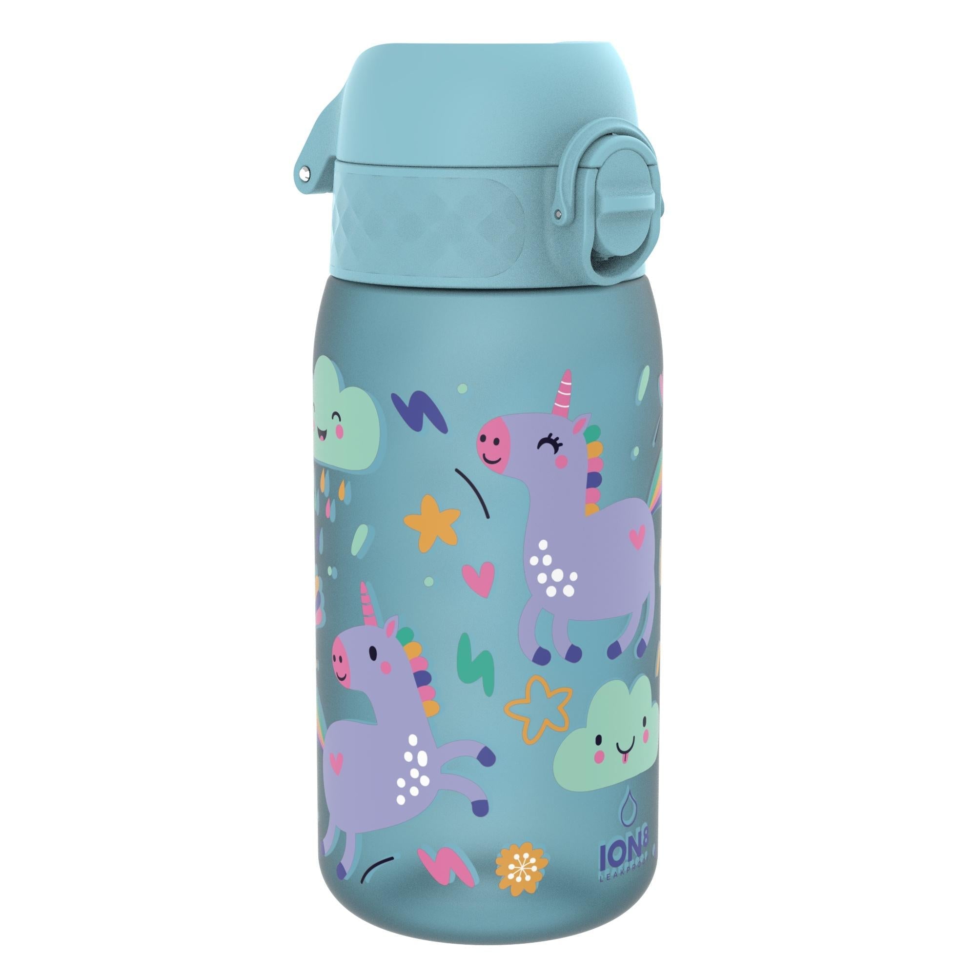 Ion8 leak-proof kids water bottle with blue unicorn design, 350ml Recyclon water bottle for children