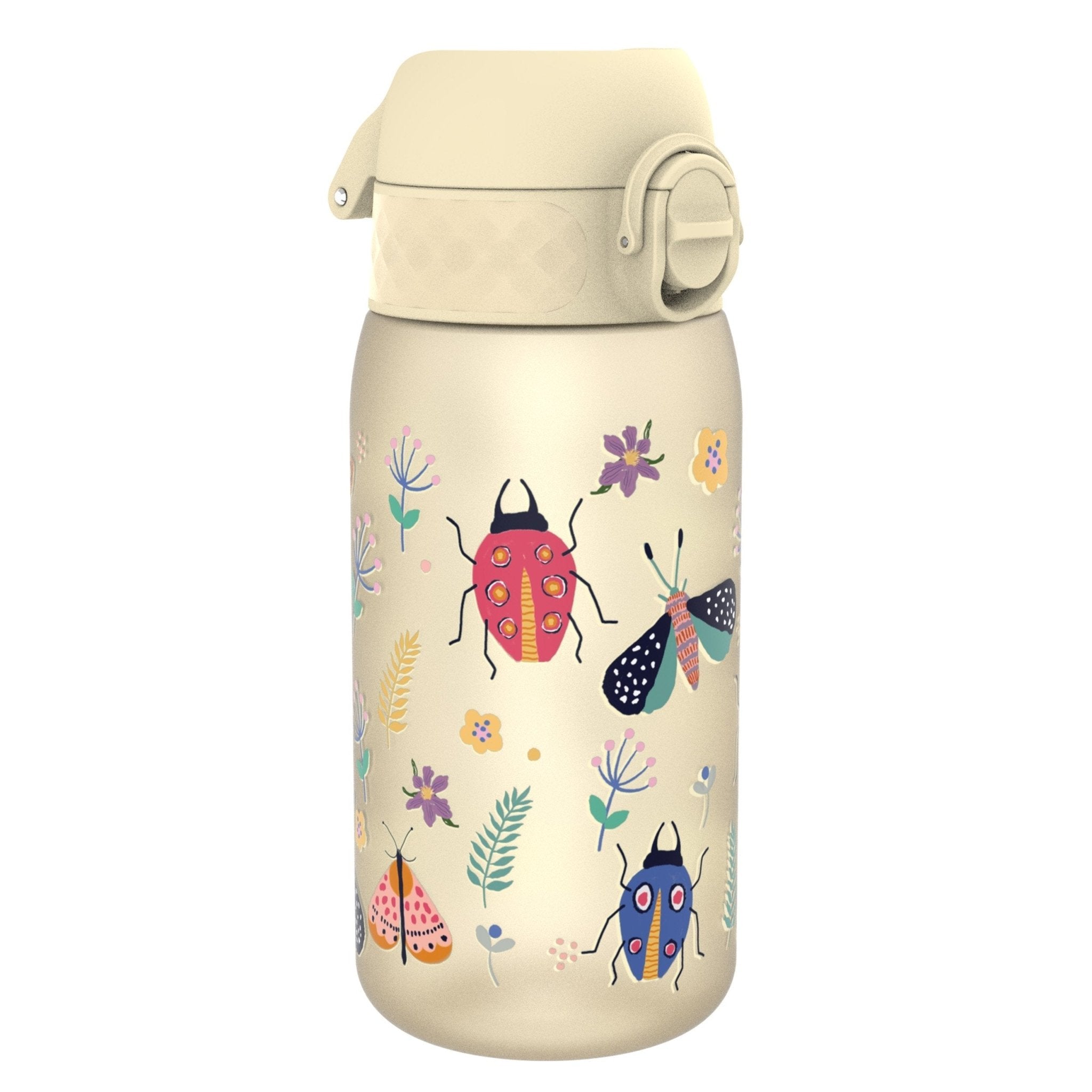 Ion8 Leak Proof Kids Water Bottle with Bugs Life design, 350ml recyclable Recyclon water bottle showing colorful cartoon bugs