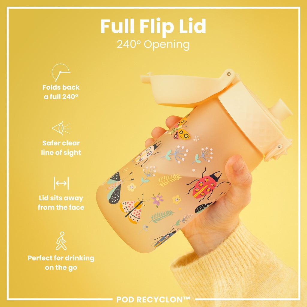 Ion8 Recyclon Bugs Life 350ml leak-proof water bottle for kids, featuring colorful bug design, made from durable Recyclon material.