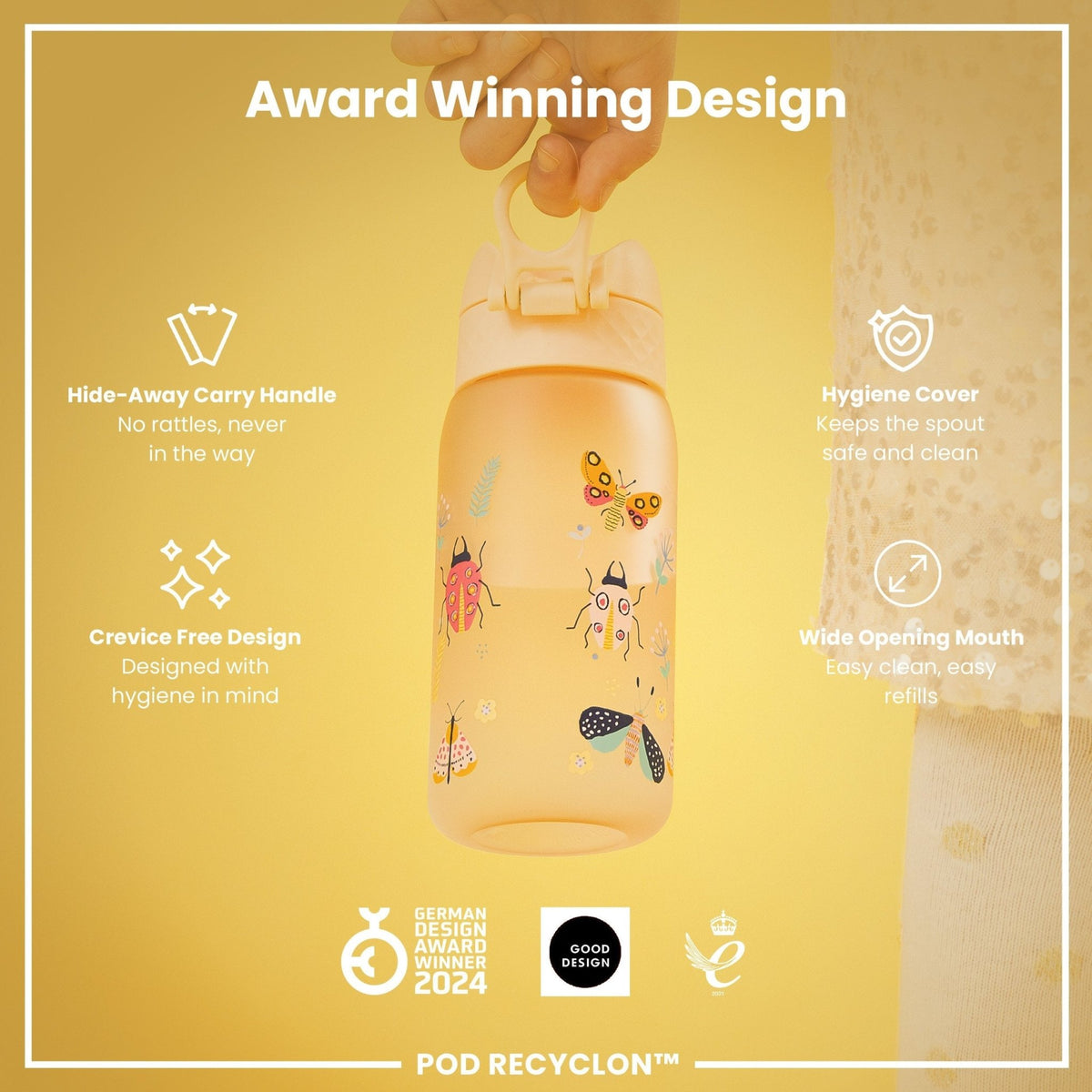 Ion8 Recyclon Bugs Life 350ml leak-proof kids' water bottle, colorful design with bug illustrations, made from recycled materials.