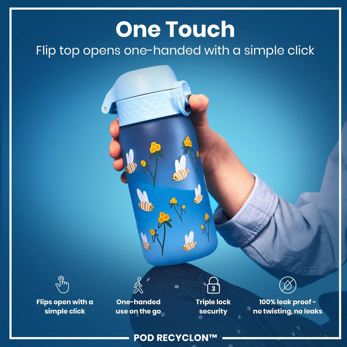 Ion8 Recyclon Bumble Bees 350ml leak-proof water bottle for kids, featuring colorful bee design and durable construction.