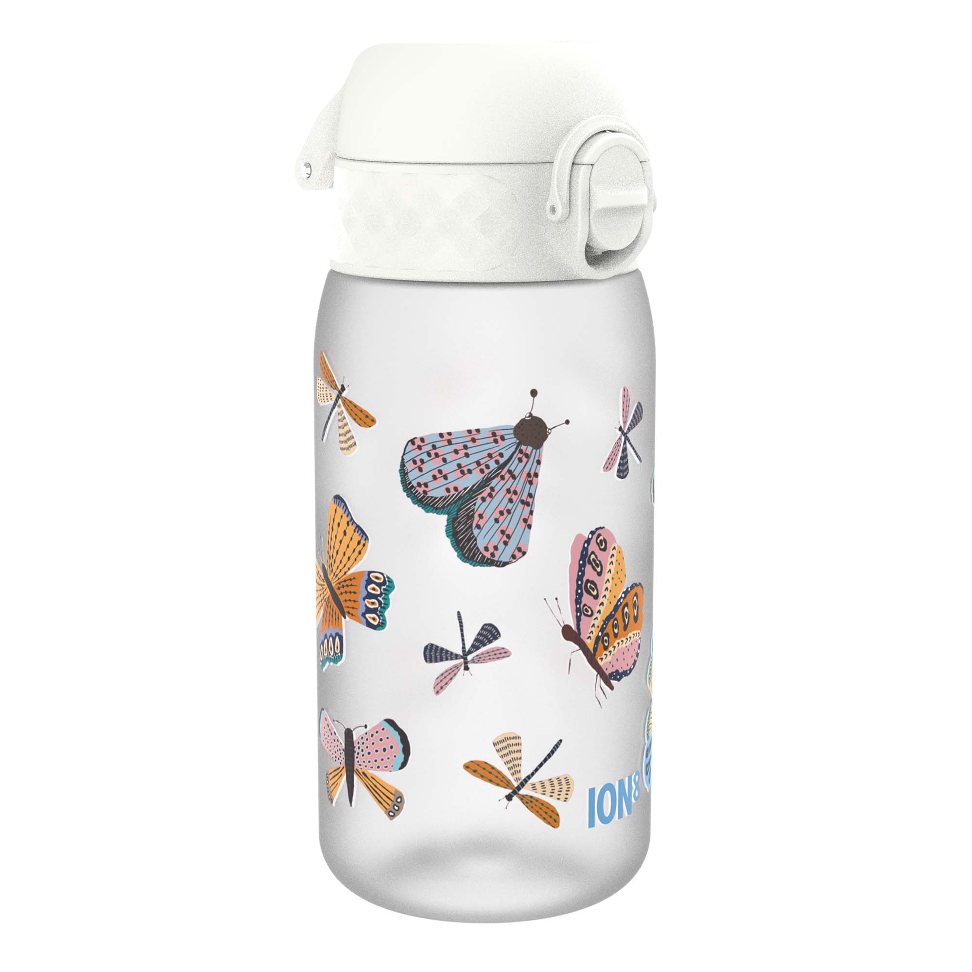 ION8 Recyclon leak-proof kids water bottle with butterfly design, 350ml (12oz), durable and eco-friendly for children.