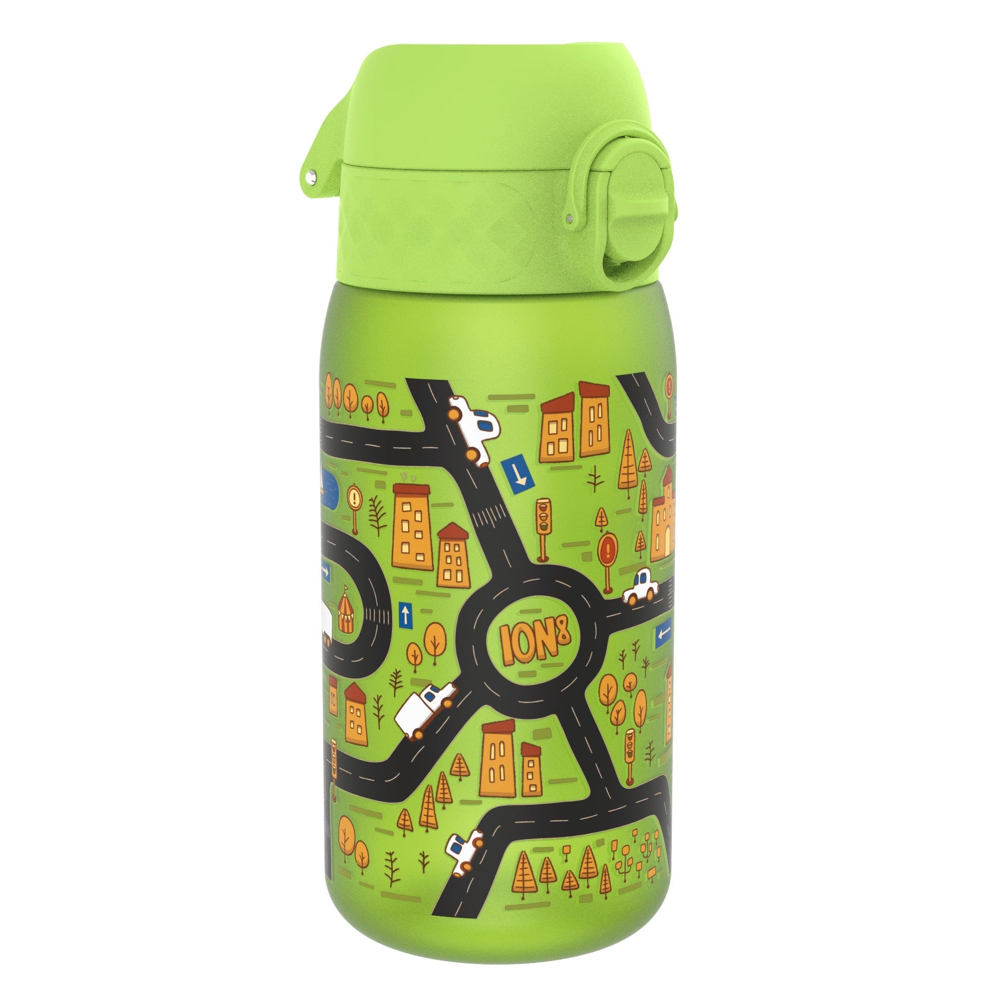 Ion8 Leak Proof Kids Water Bottle with Cars design, 350ml recyclable Recyclon water bottle for children, featuring a colorful car pattern.