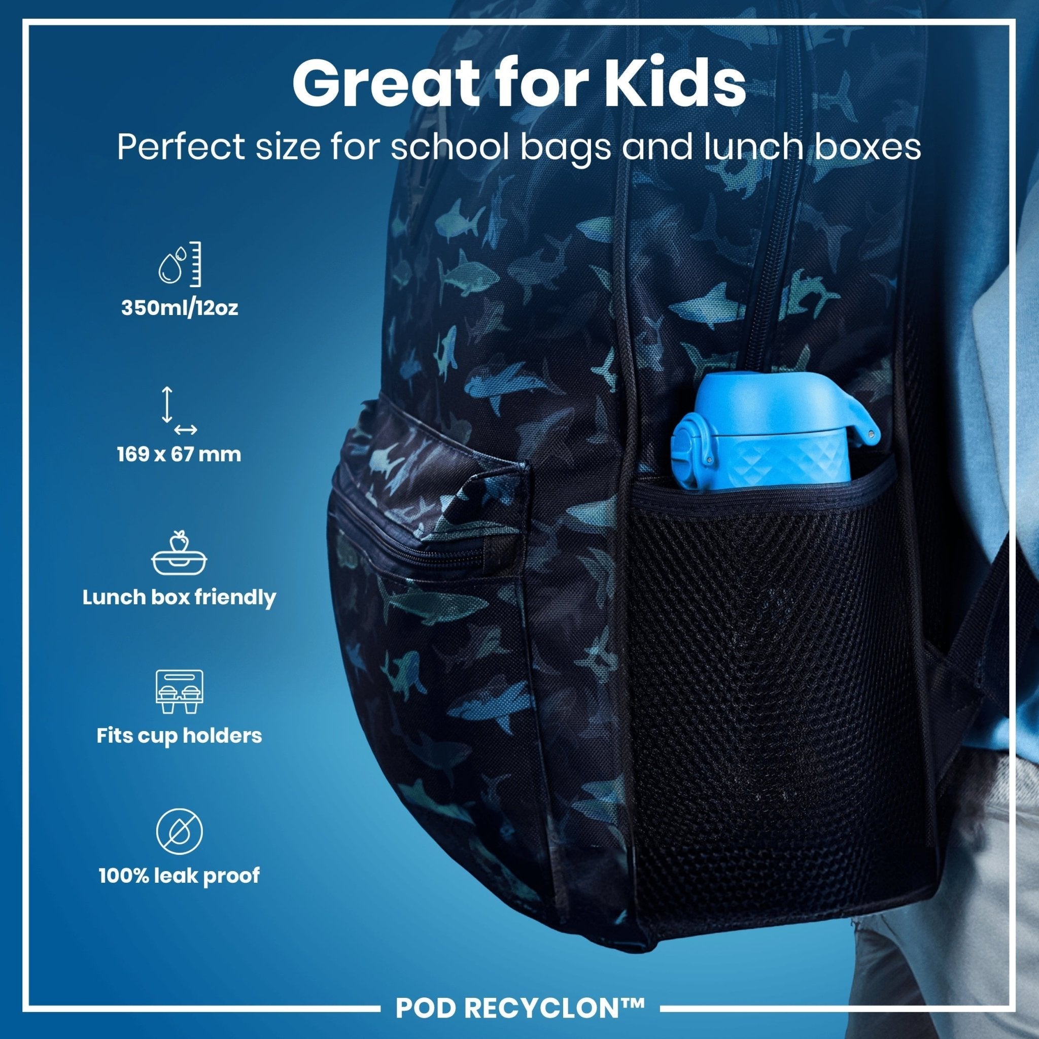 Ion8 Recyclon leak-proof kids water bottle with cat design, 350ml (12oz), durable and eco-friendly for children.