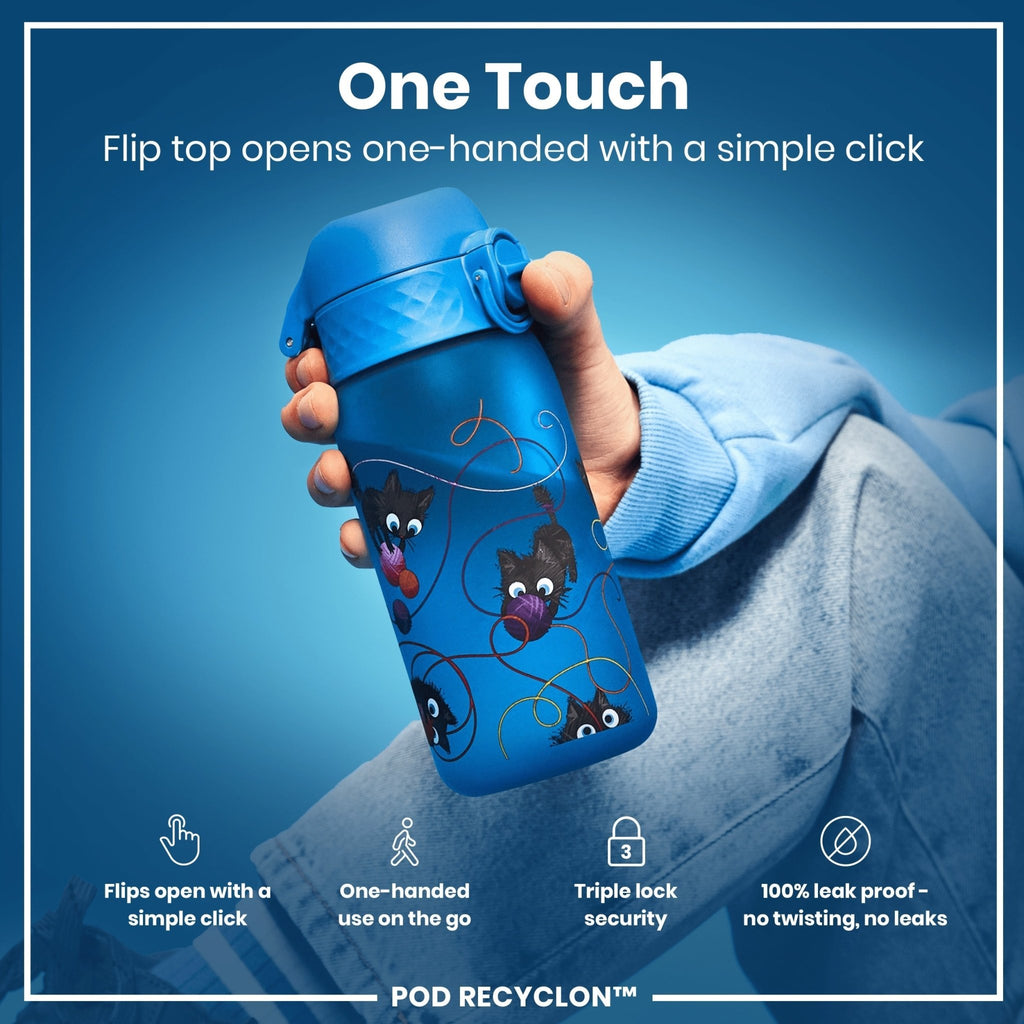 ION8 Recyclon leak-proof kids water bottle with cat design, 350ml (12oz), durable and eco-friendly for children.