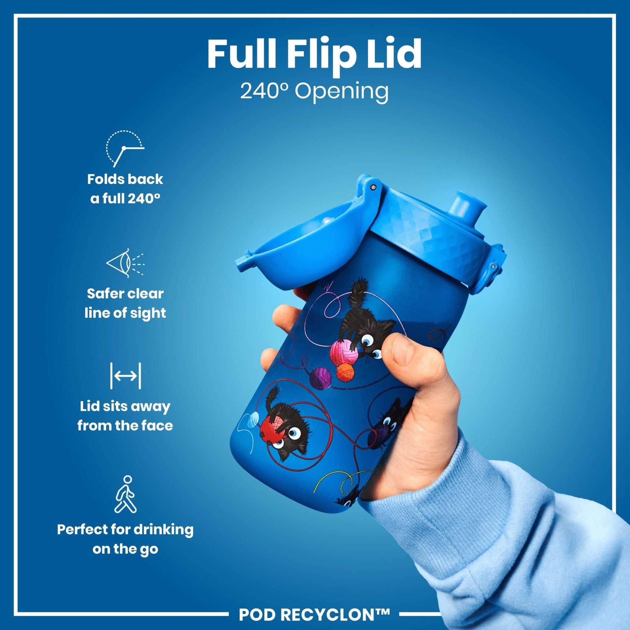 ION8 Recyclon leak-proof kids water bottle with cat design, 350ml (12oz) reusable water bottle for children.