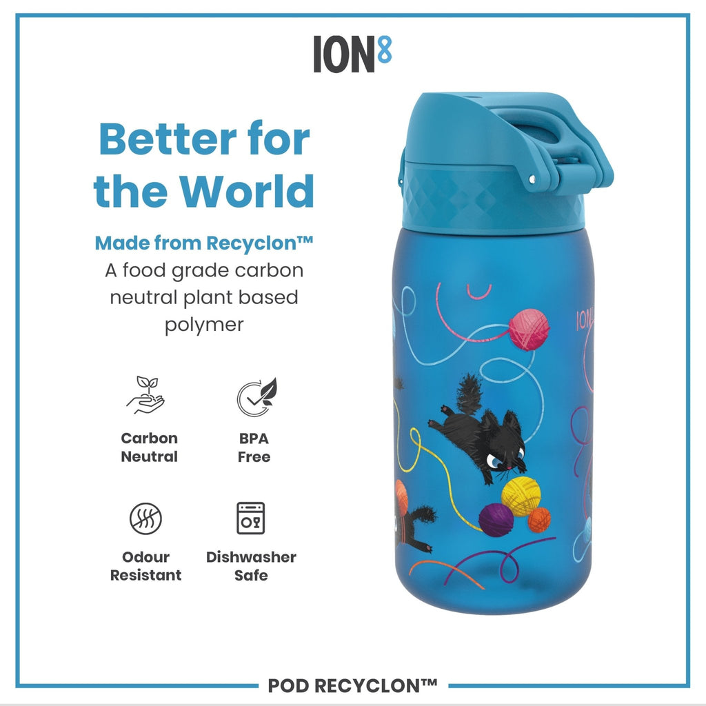 ION8 Recyclon leak-proof kids water bottle with cat design, 350ml (12oz), durable and recyclable for children.