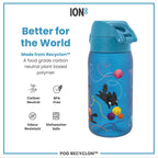 ION8 Recyclon leak-proof kids water bottle with cat design, 350ml (12oz), durable and recyclable for children.