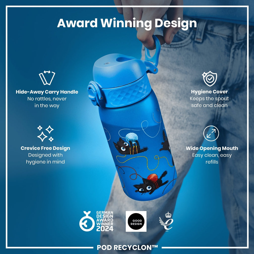 ION8 Recyclon leak-proof kids water bottle with cat design, 350ml (12oz) reusable water bottle for children.