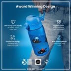 ION8 Recyclon leak-proof kids water bottle with cat design, 350ml (12oz) reusable water bottle for children.