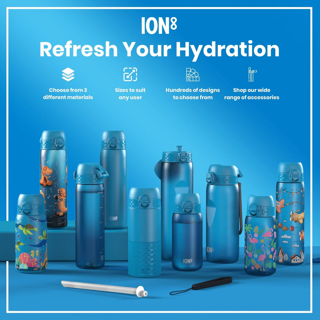 Ion8 leak-proof kids water bottle with cat design, 350ml Recyclon water bottle for children, durable and eco-friendly.
