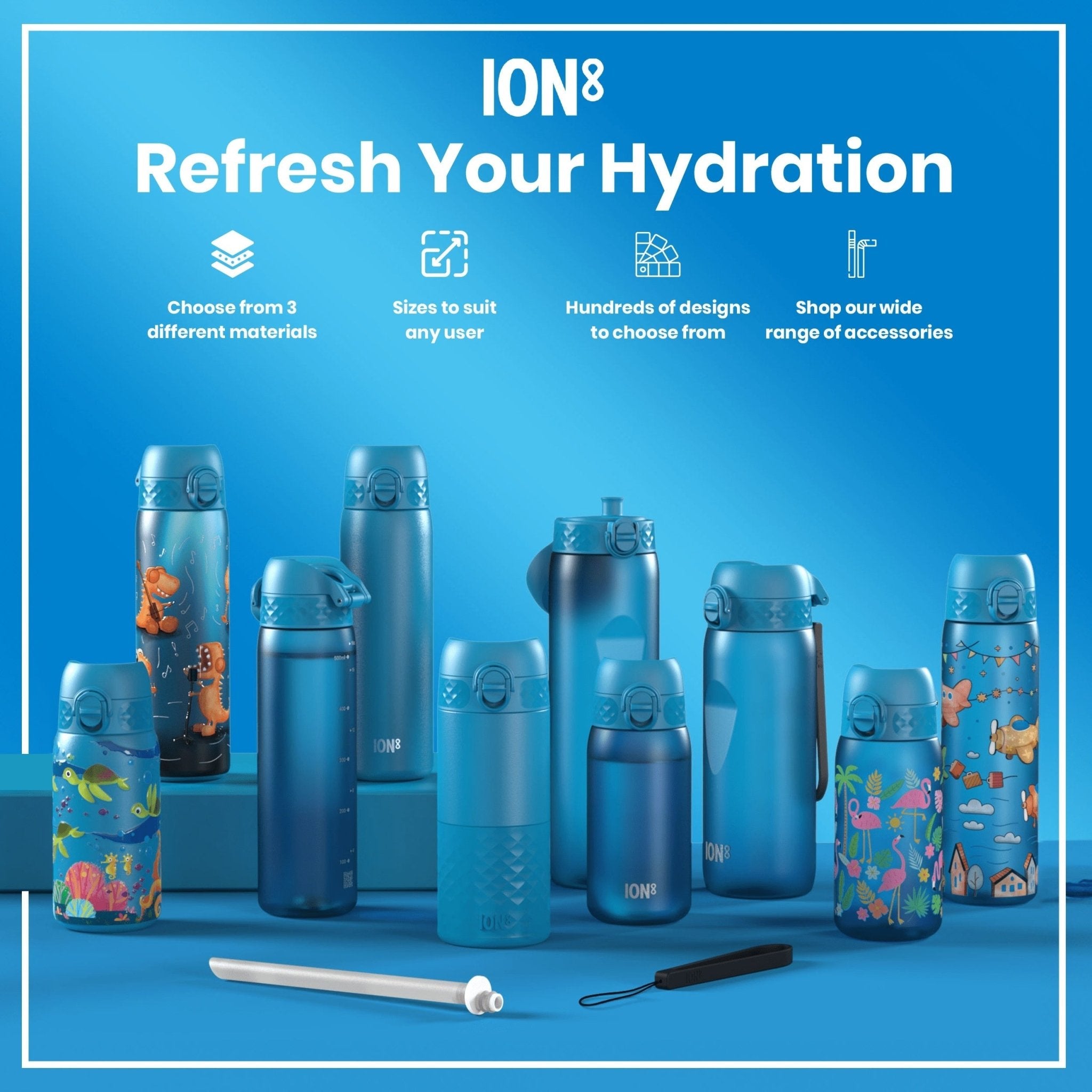 Ion8 leak-proof kids water bottle with cat design, 350ml Recyclon water bottle for children, durable and eco-friendly.