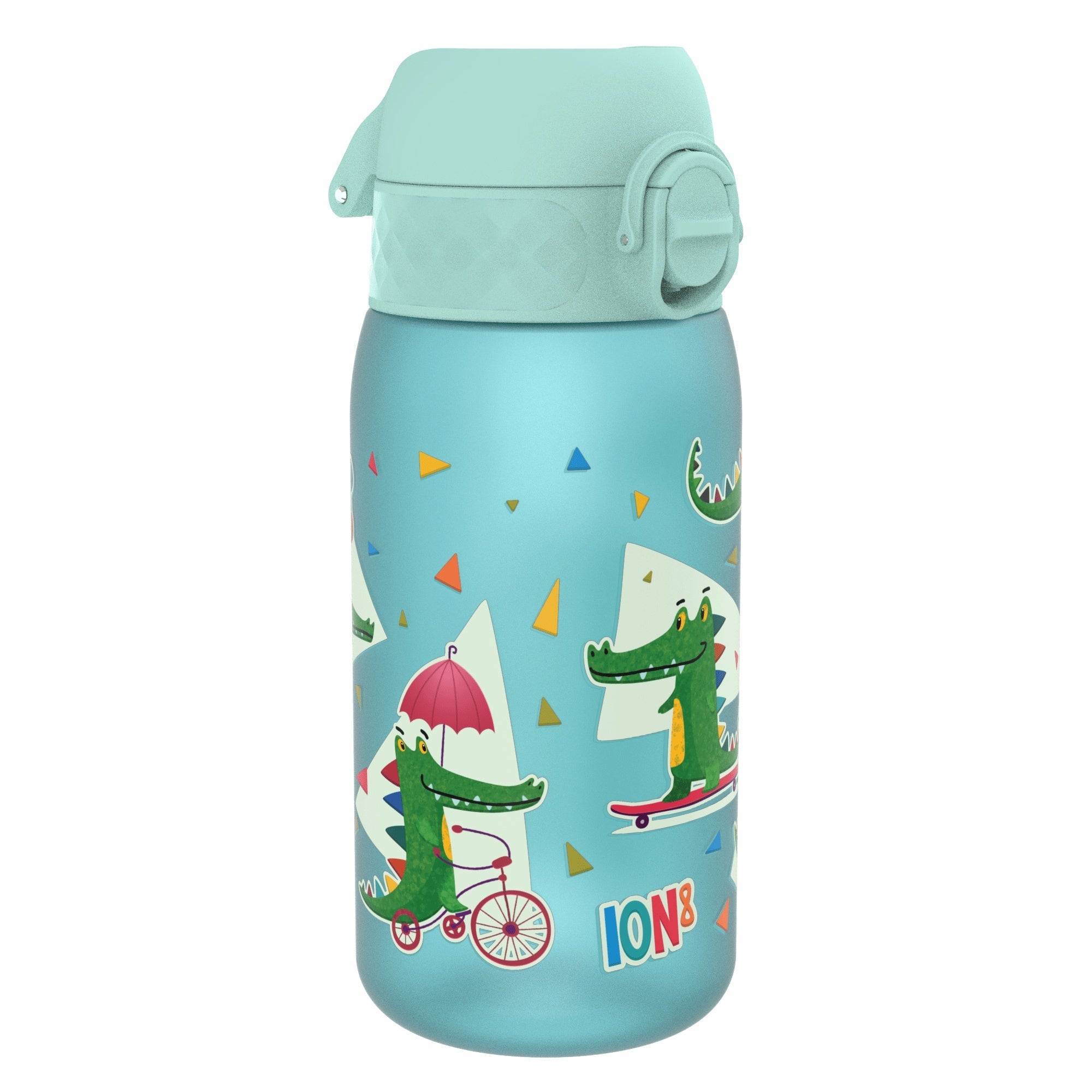 ION8 Recyclon leak-proof kids water bottle with crocodile design, 350ml (12oz), durable and eco-friendly for children.