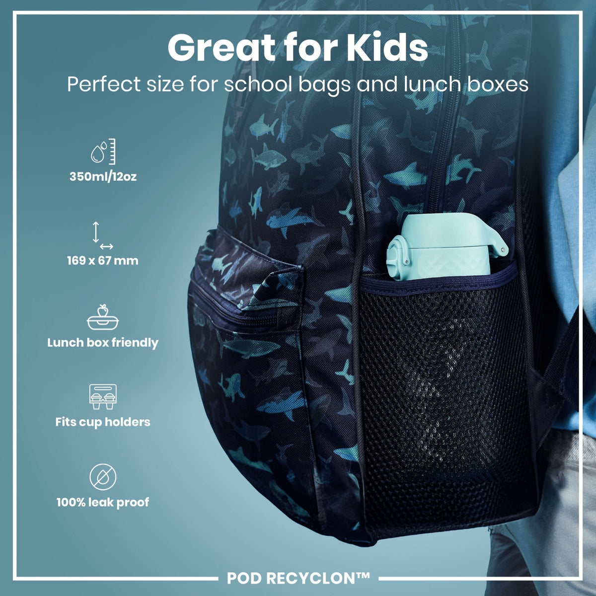 Ion8 Recyclon water bottle featuring a crocodile design, 350ml leak-proof kids' water bottle in vibrant colors.