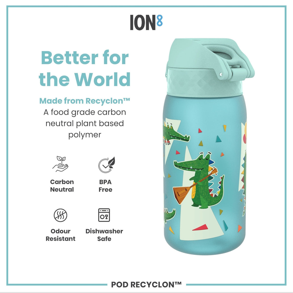 Ion8 Recyclon water bottle with crocodile design, 350ml leak-proof kids' water bottle in vibrant colors.