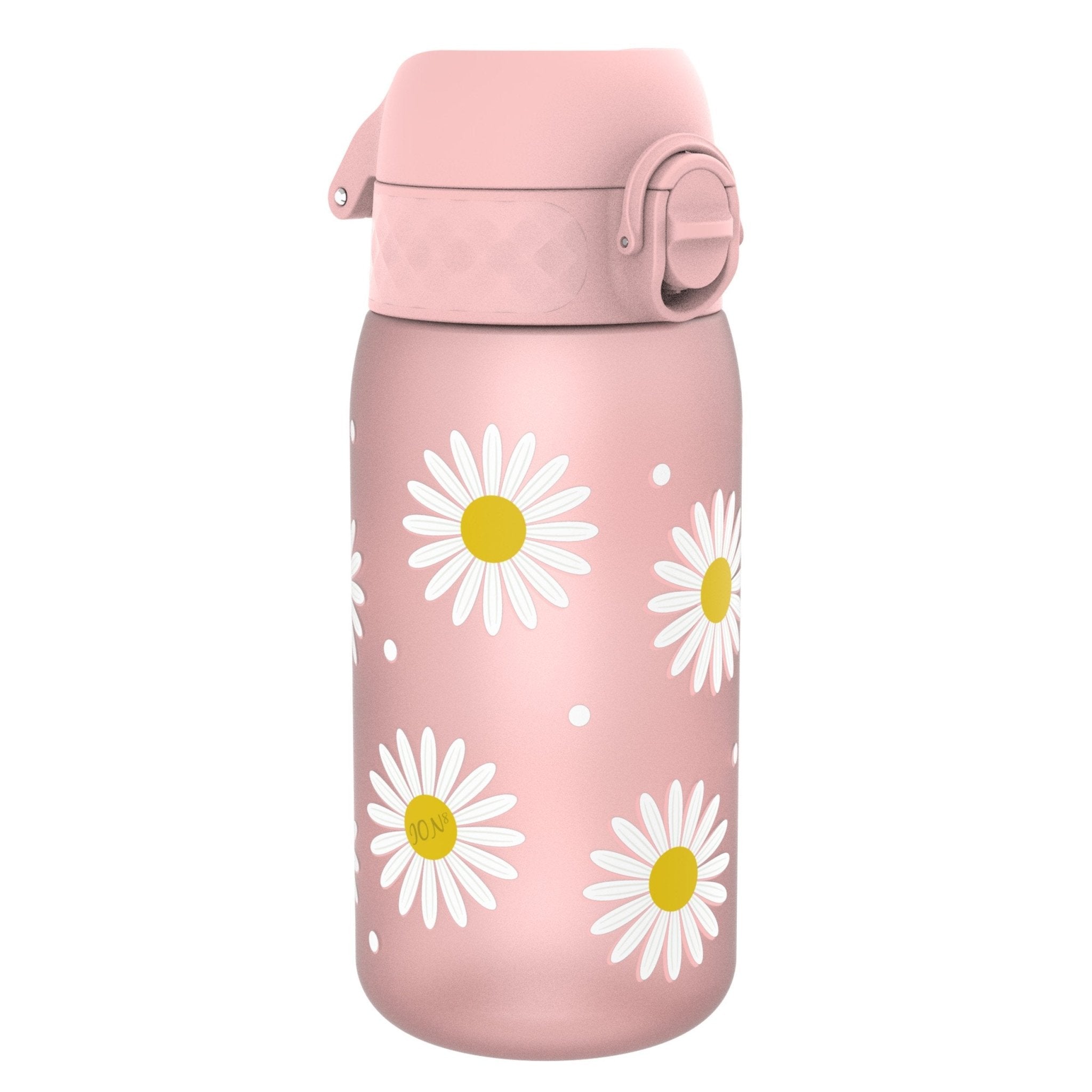 ION8 Leak Proof Kids Water Bottle with Daisy design, 350ml Recyclon water bottle for children, featuring a secure lid and playful pattern.