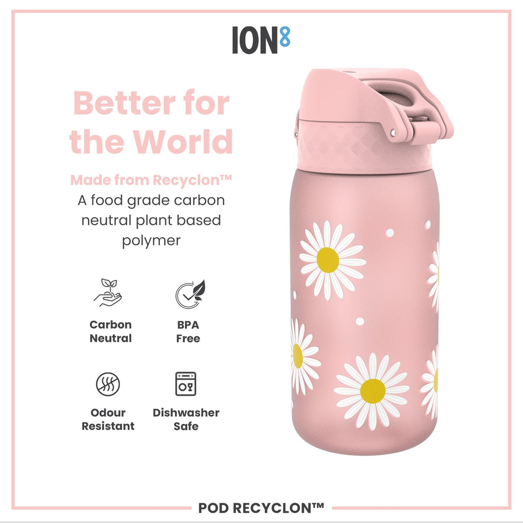 Ion8 Recyclon water bottle with daisy design, 350ml leak-proof kids' reusable water bottle featuring colorful daisies.