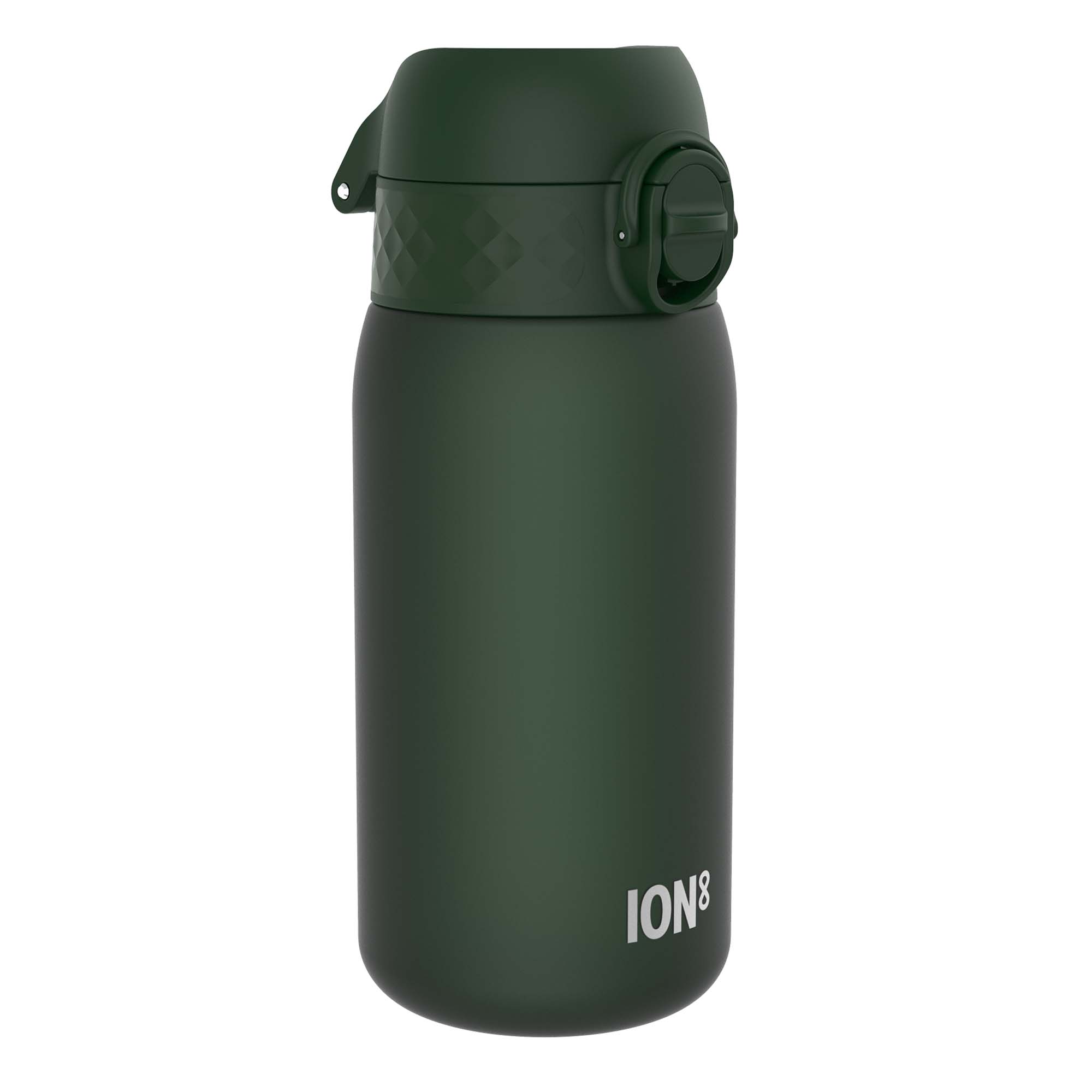 Dark green ION8 Recyclon leak-proof kids water bottle with 350ml capacity, showing the bottle's compact design and secure lid.