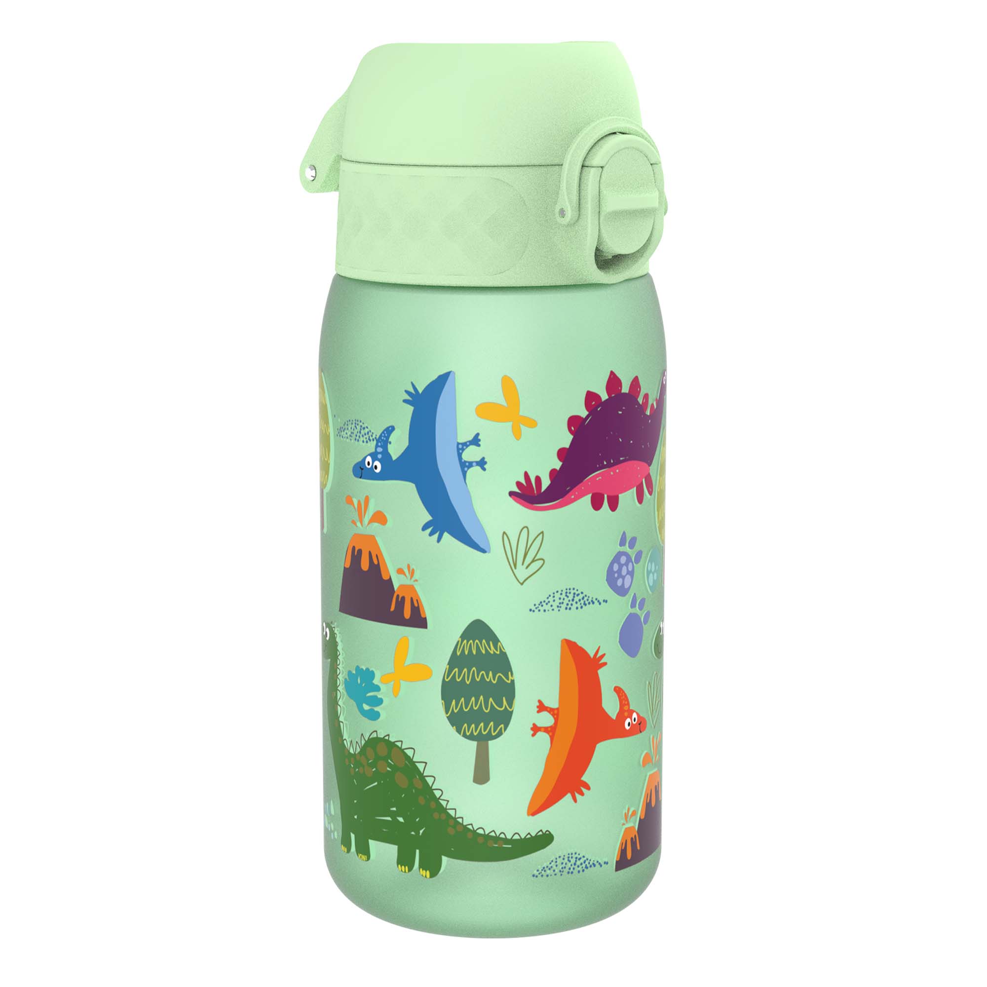 Recyclon leak-proof kids water bottle with dinosaur design, 350ml capacity, by ION8, made of recyclable materials.