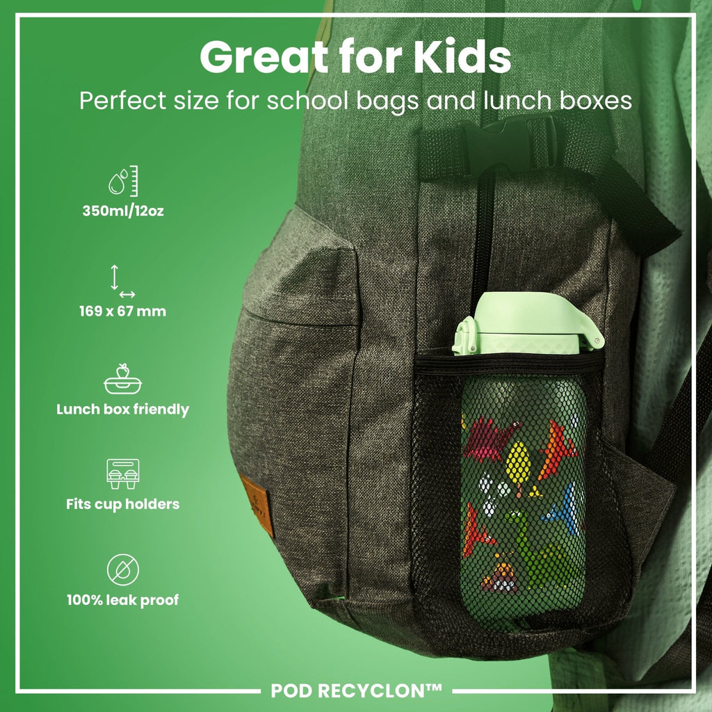 Ion8 Recyclon Dinosaur 350ml leak-proof water bottle for kids, featuring colorful dinosaur design and durable construction.