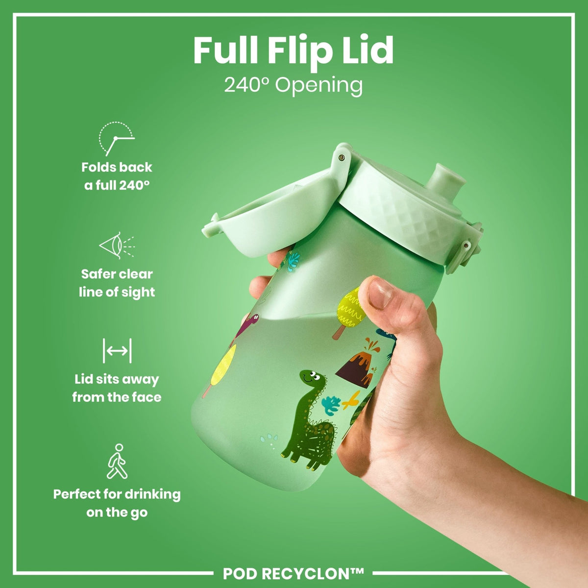 Ion8 Recyclon Dinosaur water bottle, 350ml, leak-proof kids' bottle featuring a playful dinosaur design.
