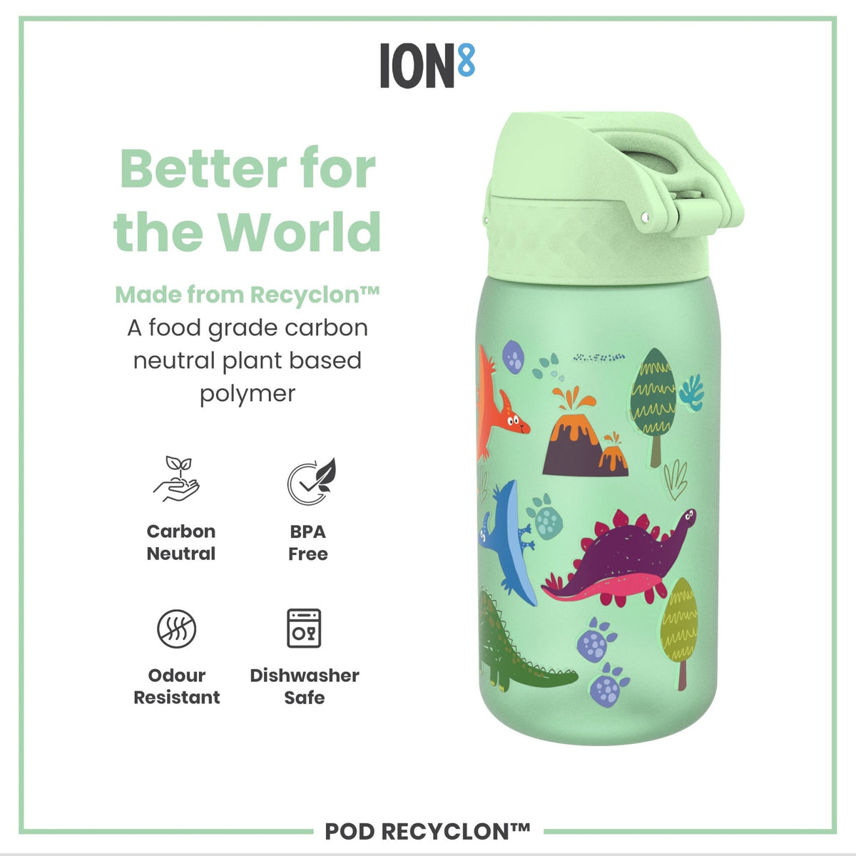 Ion8 Recyclon Dinosaur 350ml leak-proof water bottle for kids, featuring a colorful dinosaur design.