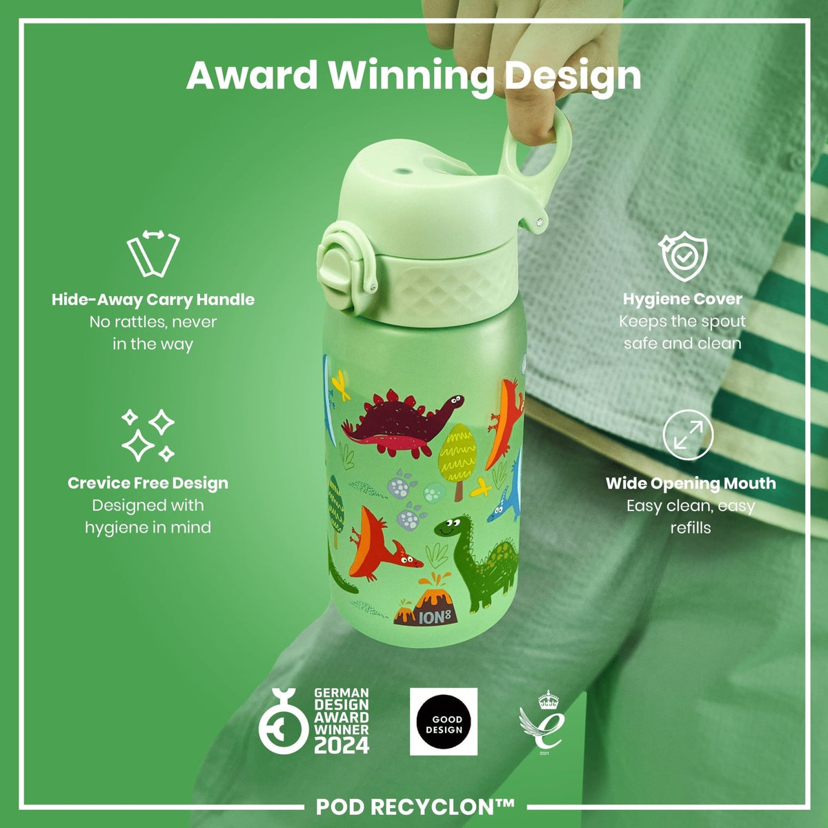 Ion8 Recyclon Dinosaur 350ml leak-proof kids water bottle with colorful dinosaur design and secure lid.