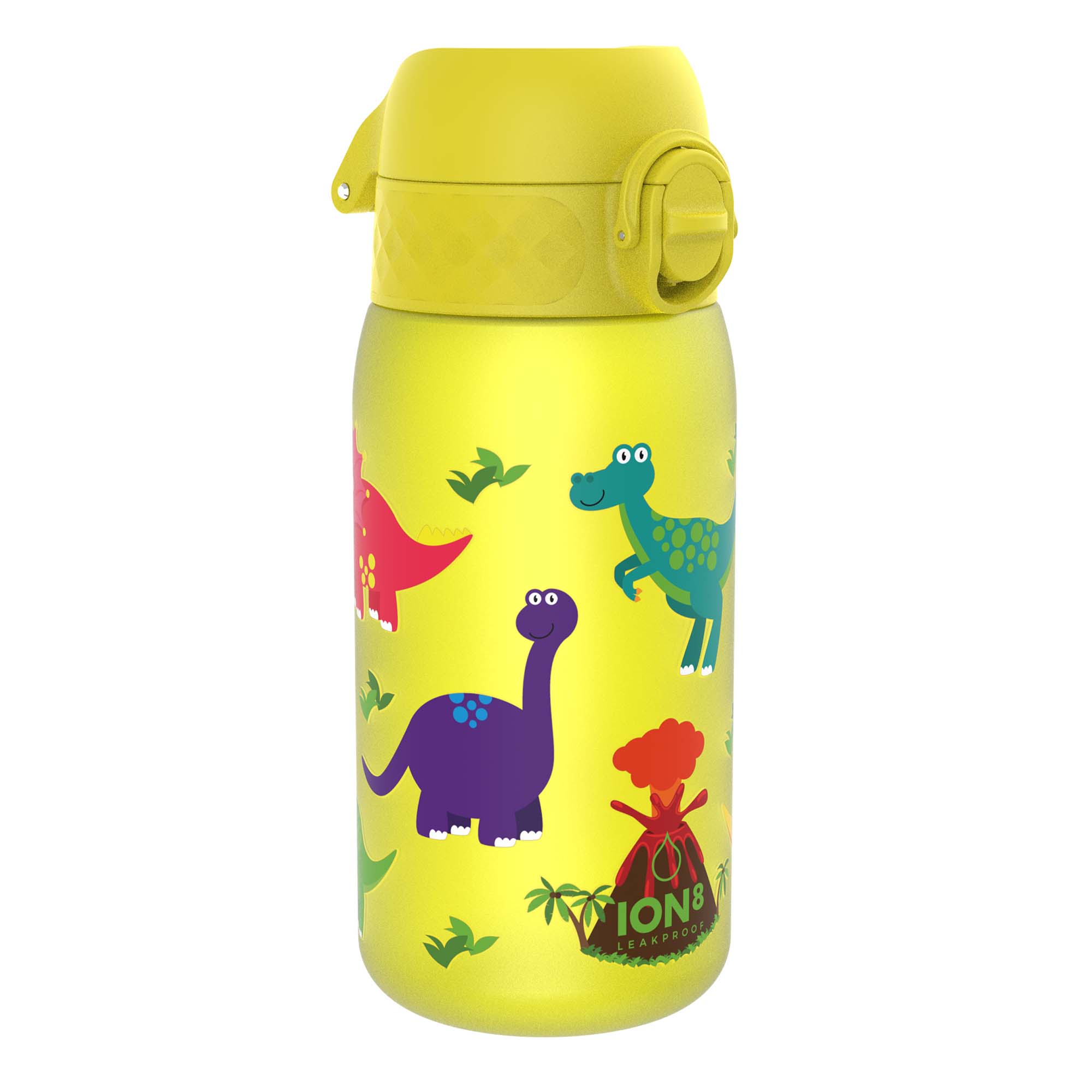 Ion8 Leak Proof Kids Water Bottle with Dinosaur design, 350ml Recyclon water bottle, featuring a colorful dinosaur illustration.