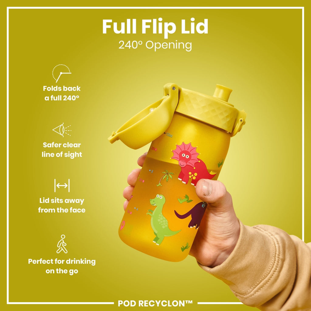 ION8 Recyclon Dinosaur 350ml leak-proof water bottle for kids, featuring colorful dinosaur design and durable plastic construction.