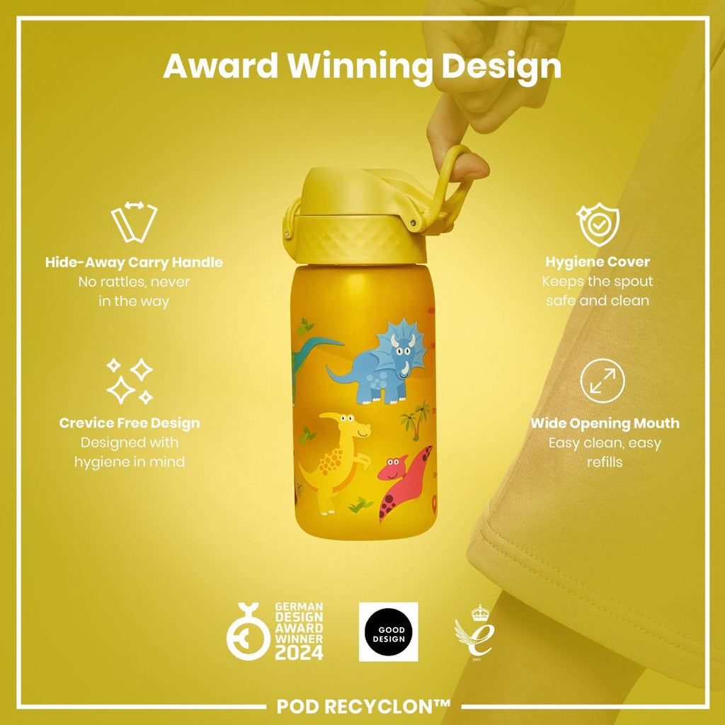 Ion8 Recyclon Dinosaur 350ml leak-proof water bottle for kids, featuring colorful dinosaur design and durable construction.