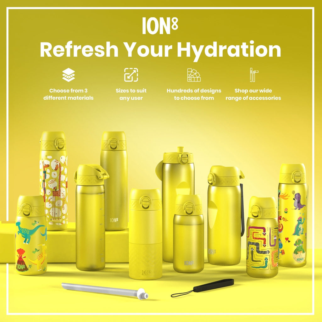 ION8 Recyclon Dinosaur 350ml leak-proof water bottle for kids, featuring a colorful dinosaur design and durable, eco-friendly construction.