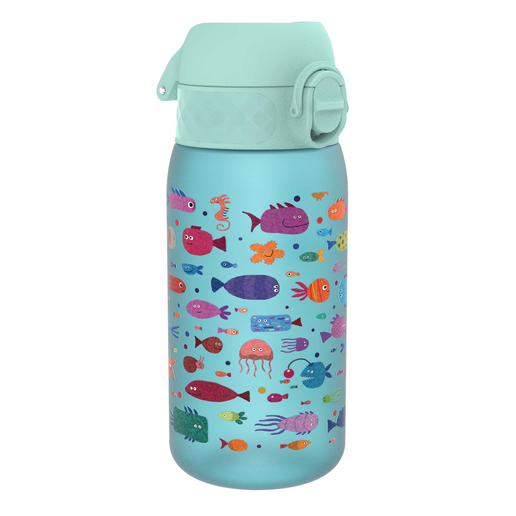 ION8 Recyclon leak-proof kids water bottle with fish design, 350ml (12oz) reusable water bottle, colorful and child-friendly.