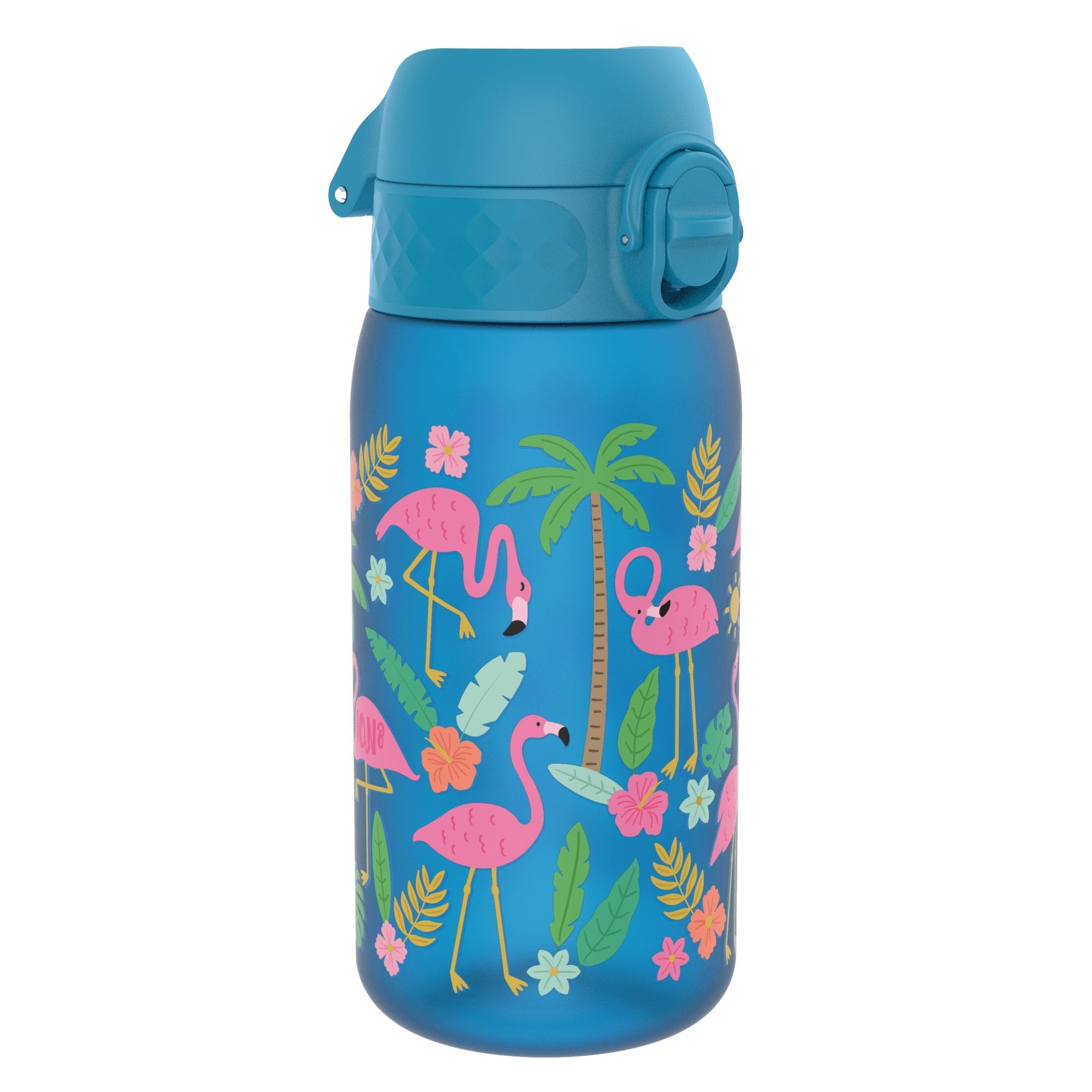 ION8 Recyclon leak-proof kids water bottle with flamingo design, 350ml capacity, made from recyclable materials.