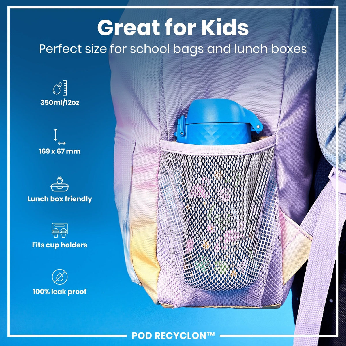ION8 Recyclon Flamingos 350ml leak-proof water bottle for kids with colorful flamingo design, made from recyclable materials.