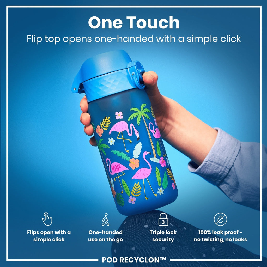 ION8 Recyclon Flamingos 350ml leak-proof kids water bottle with vibrant flamingo design and durable plastic construction.