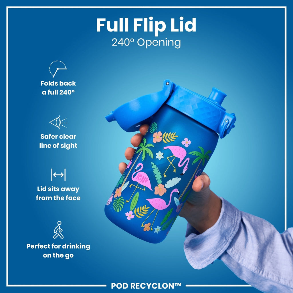 Ion8 Recyclon water bottle with flamingo design, 350ml (12oz), leak-proof kids' water bottle made from recyclable materials.