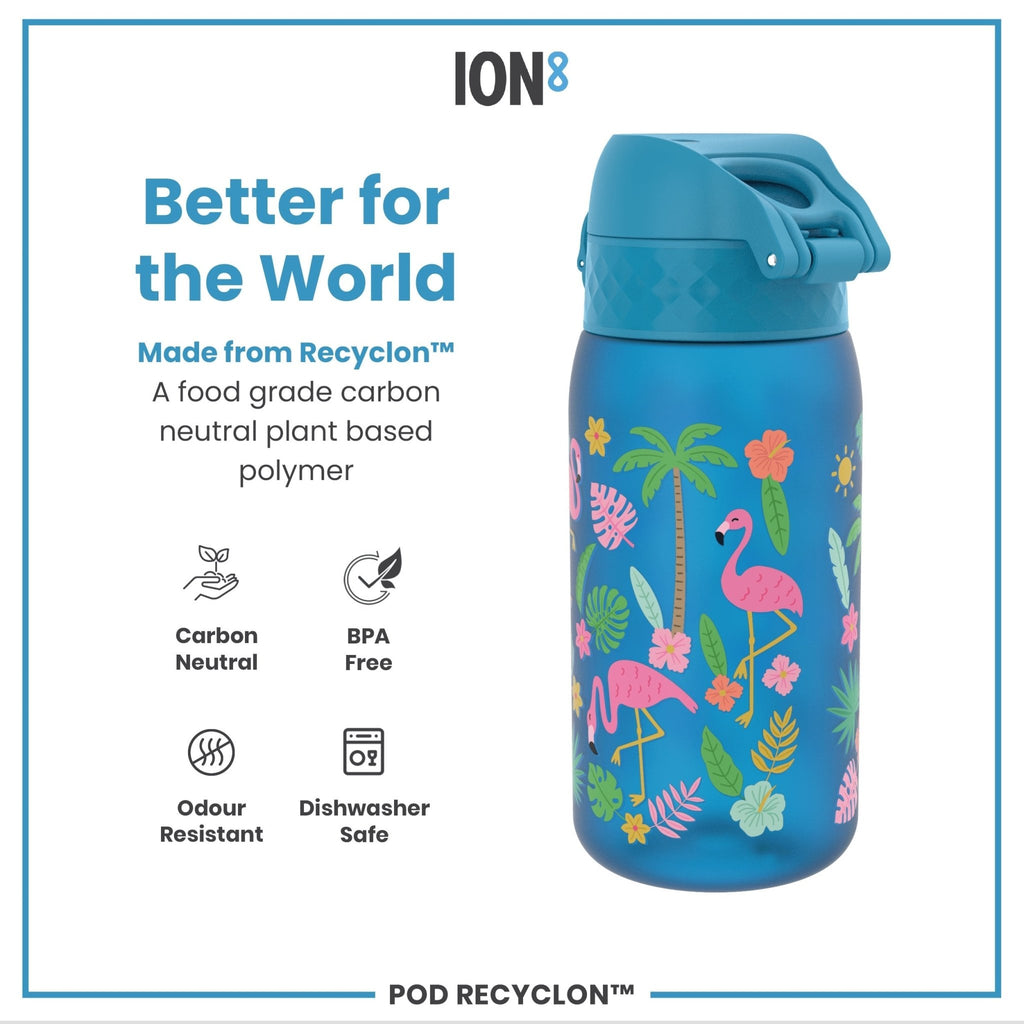 ION8 Recyclon Flamingos 350ml leak-proof kids water bottle with colorful flamingo design and durable plastic construction