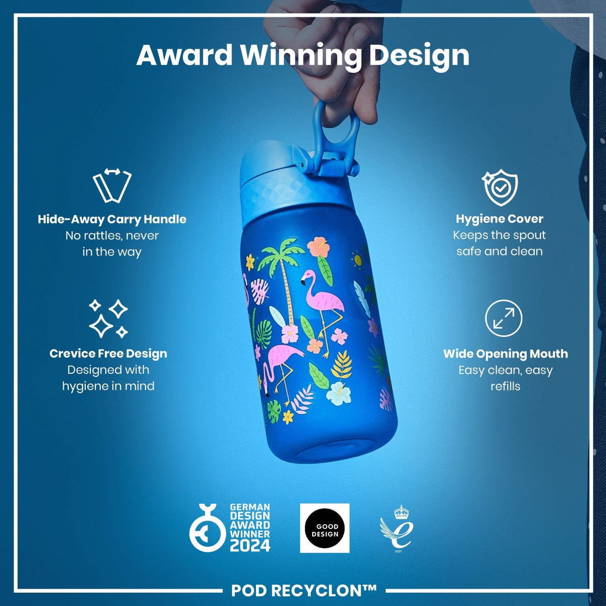ION8 Recyclon water bottle with flamingo design, 350ml leak-proof kids' water bottle in vibrant pink and blue colors.
