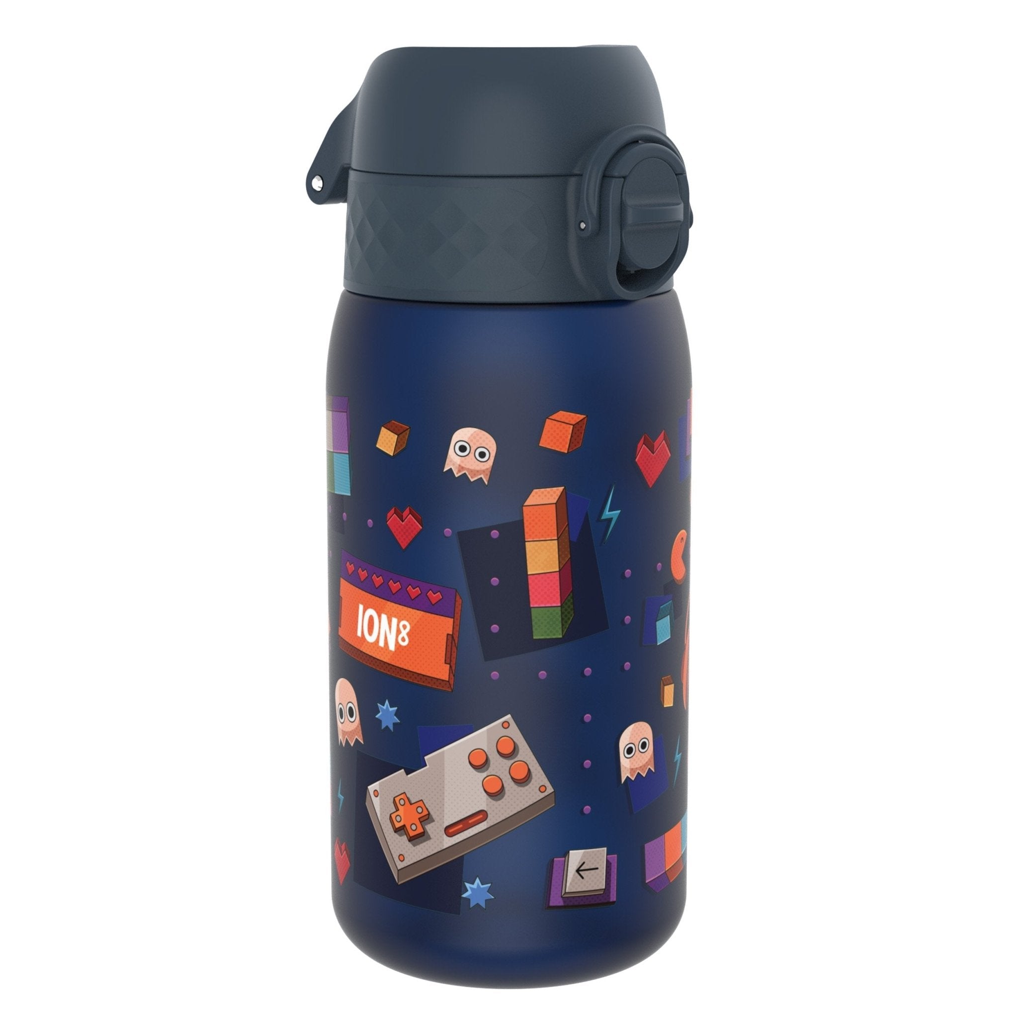 Ion8 Recyclon leak-proof kids water bottle, 350ml, colorful gamer design, durable and eco-friendly for children.