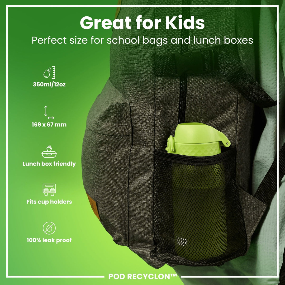 ION8 Recyclon Green 350ml leak-proof water bottle for kids, made from recycled materials, with a durable design