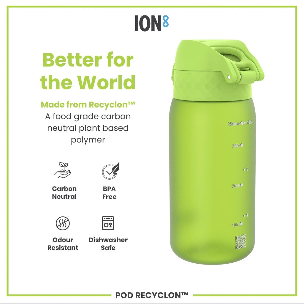 ION8 Recyclon Green 350ml leak-proof water bottle for kids, made of durable Recyclon material, in vibrant green color.