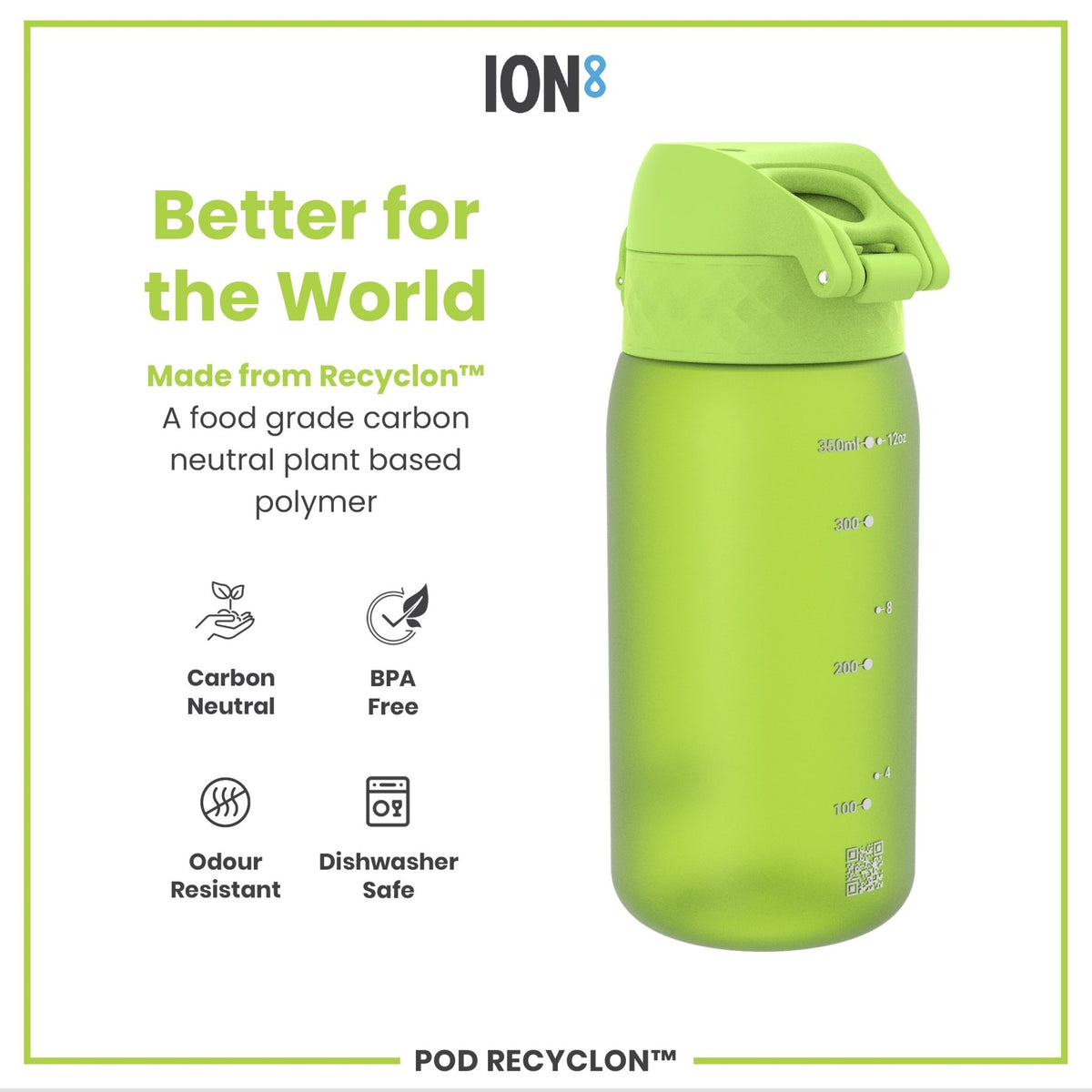 ION8 Recyclon Green 350ml leak-proof water bottle for kids, made of durable Recyclon material, in vibrant green color.